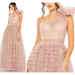 Mac Duggal 20447 Pink Size 6 One Shoulder Faux Bow Feather Tiered A Line GownNWT
